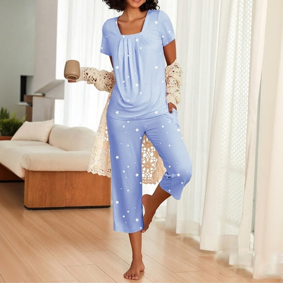 Ailaofu Pajama Set for Women Short Sleeve Top With Capri Pants Pjs 2 Piece Square Neck Loungewear Soft Sleepwear with Pockets