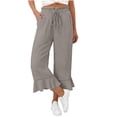 thumbnail image 3 of Linen Pants Women Summer Casual Ruffle Hem Wide Leg Drawstring Elastic Waist Capri Pants with Pockets Beach Vacation Travel Pants L, 3 of 7