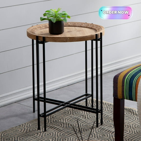 Tcbosik 21.5" Round Sofa Side Table, Rustic End Table with Wood Top and Metal Frame for Small Space, Living Room, Bedroom, Black & Brown
