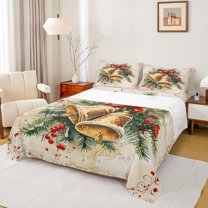 Manfei Vintage Christmas Bell Bed Sheets, Christmas Flower Plant King Sheets, Teen Boy Girl Kid Sheet Set, Luxury Bedroom Decor, 4 Pieces