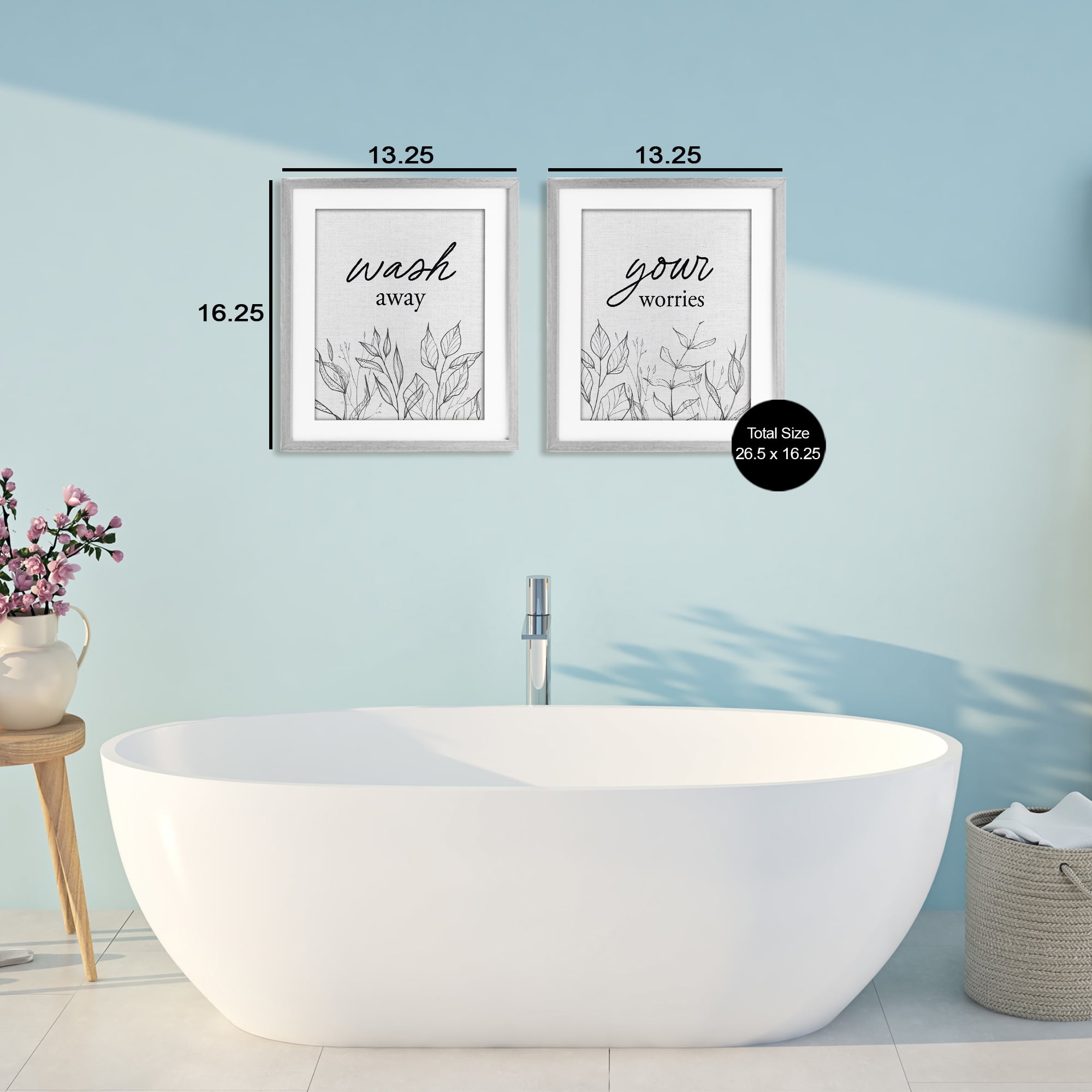 Wash Away Worries Minimalist Leaves 2 Piece Gray Framed Print Under Glass Set, design by Lettered and Lined