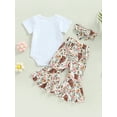 thumbnail image 5 of 3Pcs Baby Girl Spring Outfits, Short Sleeve Romper + Floral Cow Print Flare Pants + Headband Set, 5 of 9