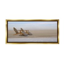 Stupell Industries Beach Chairs by Shore Landscape Photography Gold Floater Framed Canvas Art Print Wall Art, 31 x 14