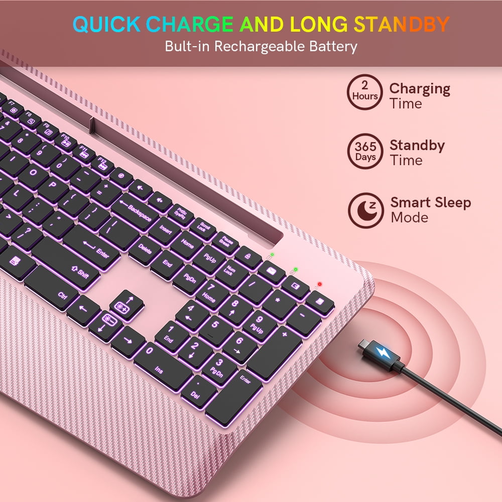 Wagpak Wireless Keyboard with 7 Colored Backlits, 102-Count and Wrist Rest (Rose gold)