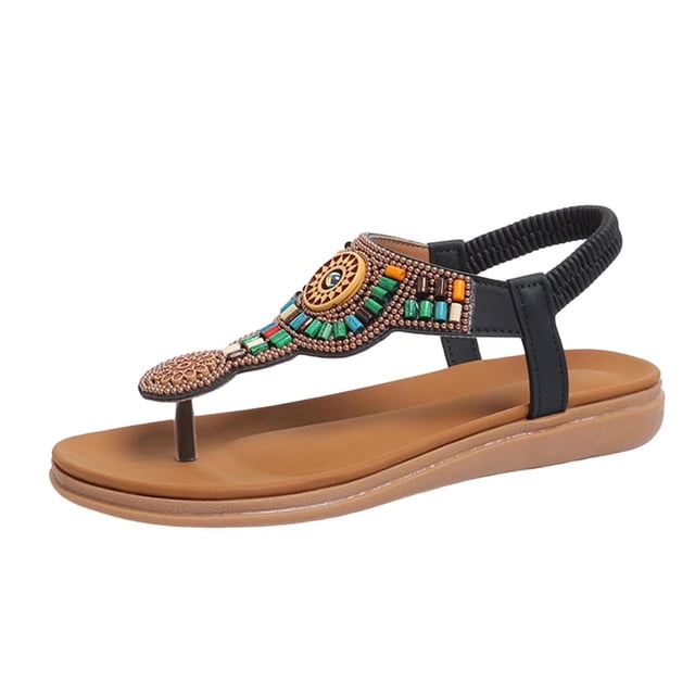 Sandalias Planas con Correas de Tobillo Bohemian Beaded Toe Post Sandalias para Mujeres, Correa Elástica Zapatos Casuales para el Uso de la Playa de Verano