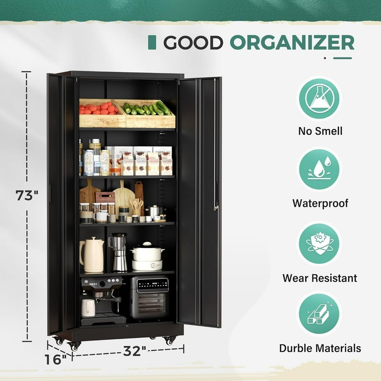 SOLAURA 73 in Metal Storage Cabinet with Wheels, Garage Rolling Cabinet with Locking Doors and 4 Adjustable Shelves, Lockable Tool Storage Cabinets for Garage, Home, Office(Black)