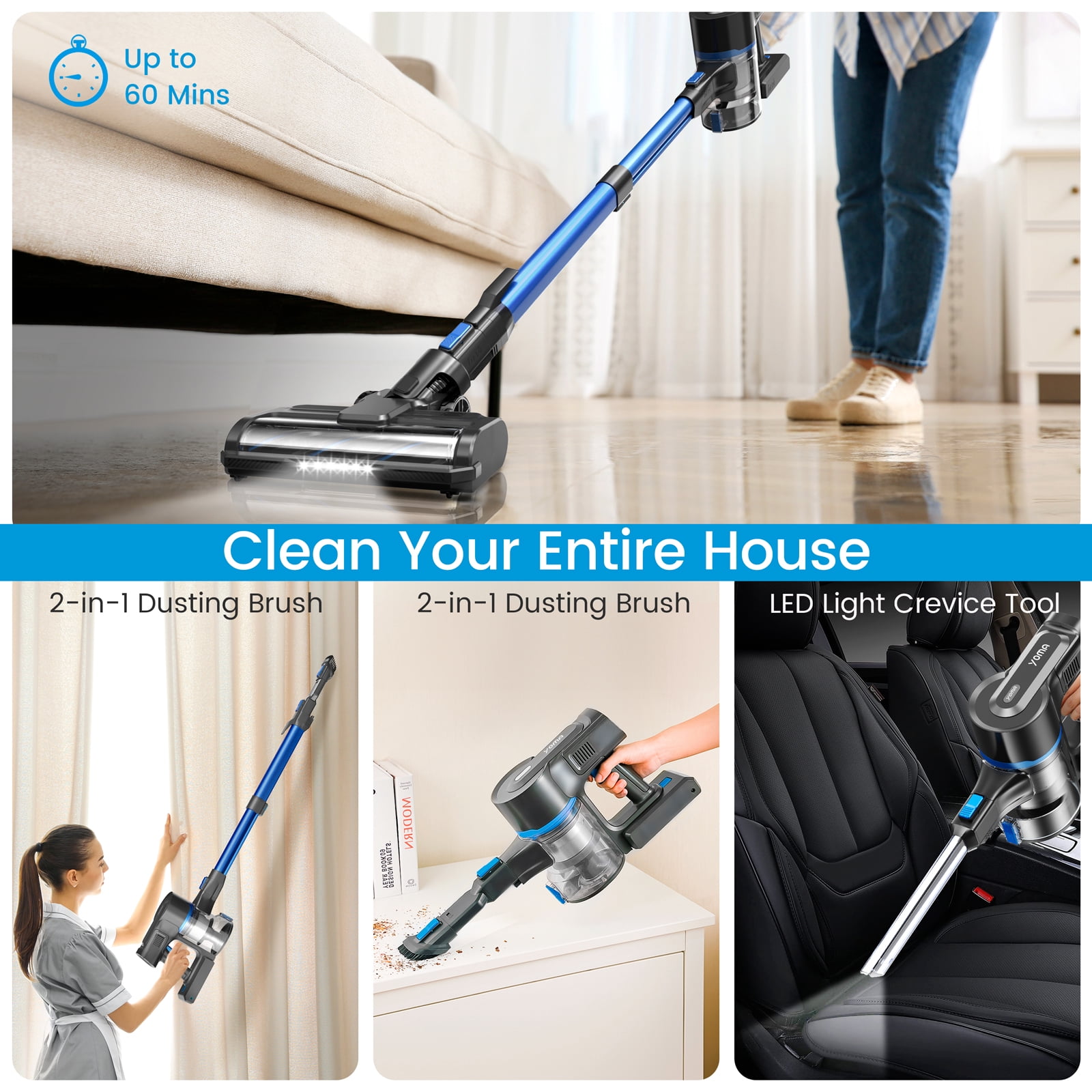 YOMATECH Cordless Vacuum Cleaner, 45Kpa/450W Powerful Stick Vacuum, 6 in 1 Lightweight Vacuum Cleaners for Home Hardfloor Carpet Pet Hair