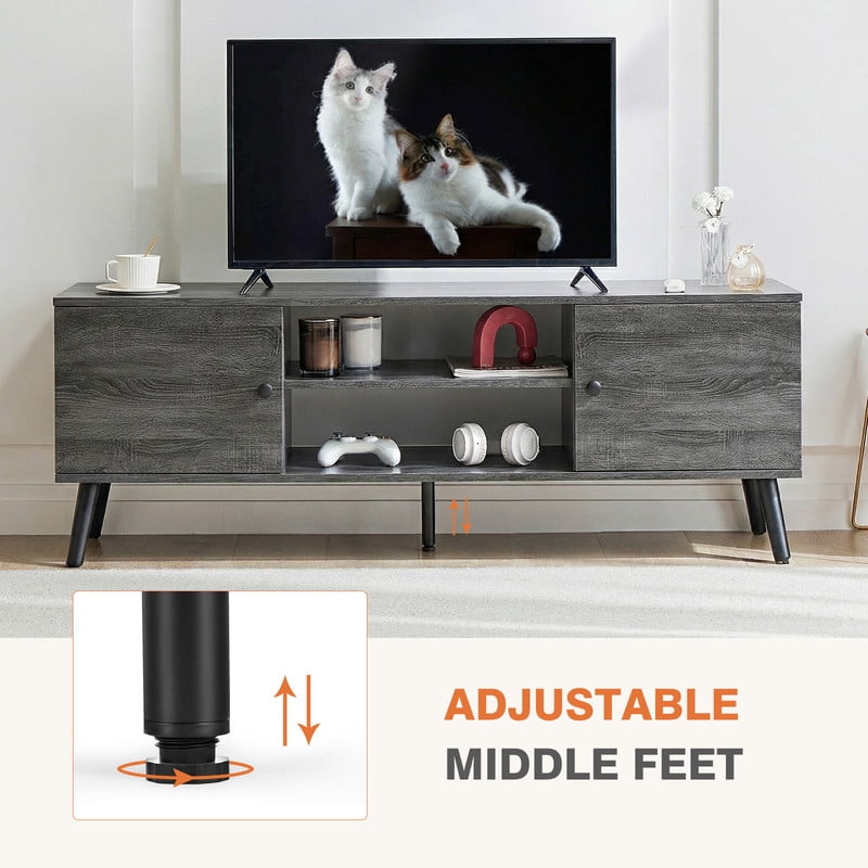 GIANNA Mid-Century Modern Wooden TV Stand for 55-60” TVs, 2 Storage Cabinets, Adjustable Shelf, Cable Management, Sturdy Legs, Easy Assembly, Wood Gray
