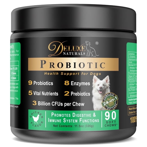 Deluxe Naturals Probiotic Soft Chews for Dogs – 90 Count – Digestive & Immune Support with 9 Probiotics, 8 Enzymes, 2 Prebiotics & 5 Vital Nutrients – Chicken Flavor