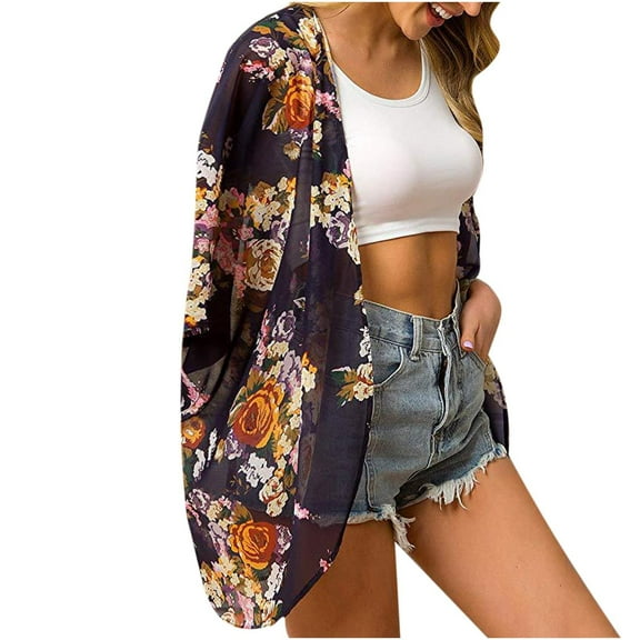 Honeeladyy Rollbacks Bikini Cover Ups for Women Floral Print Chiffon Kimono Cardigan Sheer Bathing Suit Cover Up Summer Beach-wear Shawl