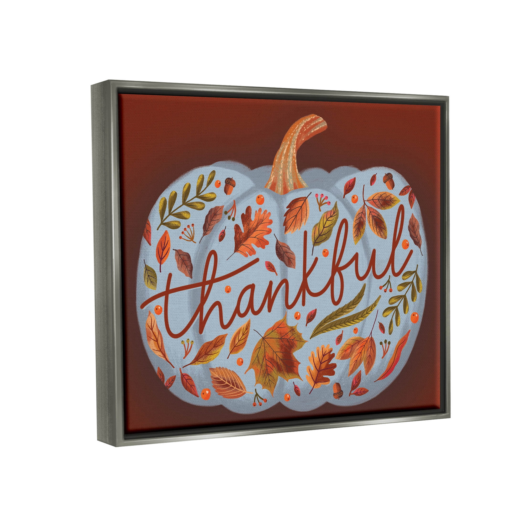 Thankful Leaf Patterned Pumpkin Holiday Graphic Art Luster Gray Framed Art Print Wall Art