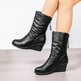 thumbnail image 4 of Women's Slouchy Wedge Mid Calf Boots Winter Warm Non Slip Work Booties Casual Slip On Leather Ankle Boots with Back Zipper Black Size 6, 4 of 7