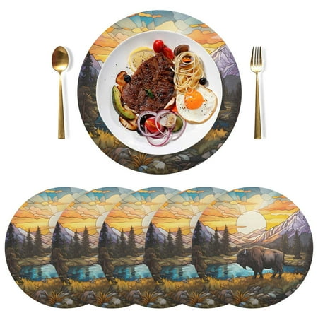 

Ryvnso Cow and Sunset Landscape Round Plate Mats Dining Table Placemat Set of 6 for Holiday Decoration