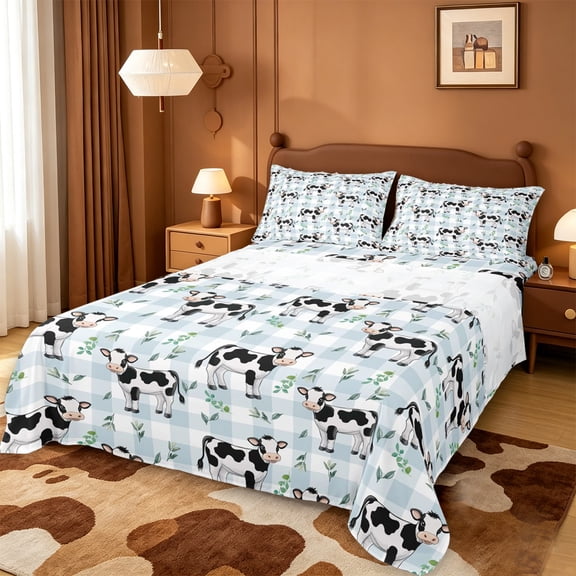 meiyoeat Blue Plaid Farm Cow Bed Sheets,Cute Animal Print Full Size Sheets For Girl,4-Piece,1 Flat Sheet,1 Fitted Sheet and 2 Pillowcases