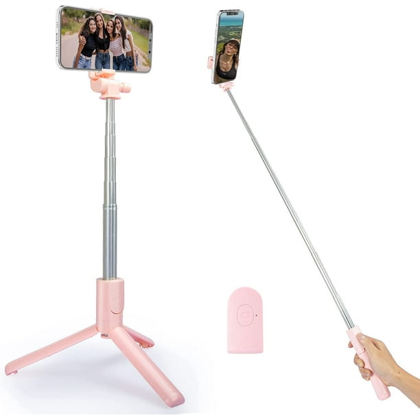 Palo selfie con control remoto inalámbrico, retráctil, para grabación de video en vivo, trípode y soporte para teléfono, color rosa