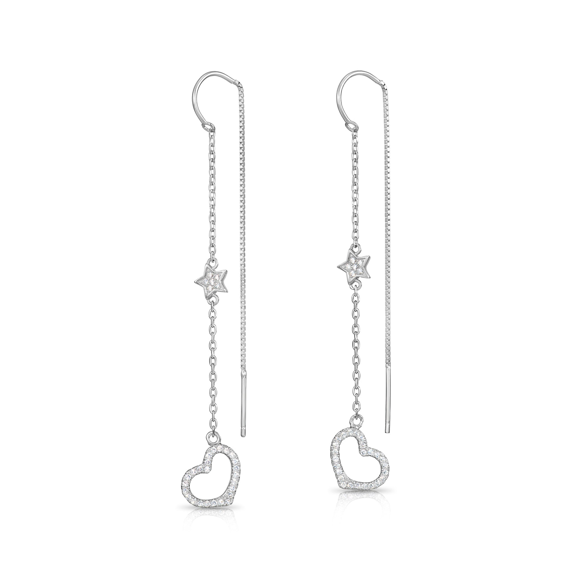 Tilo Jewelry .925 Sterling Silver Heart & Star Dangle Earrings with Cubic Zirconia CZ Stones for Women & Unisex