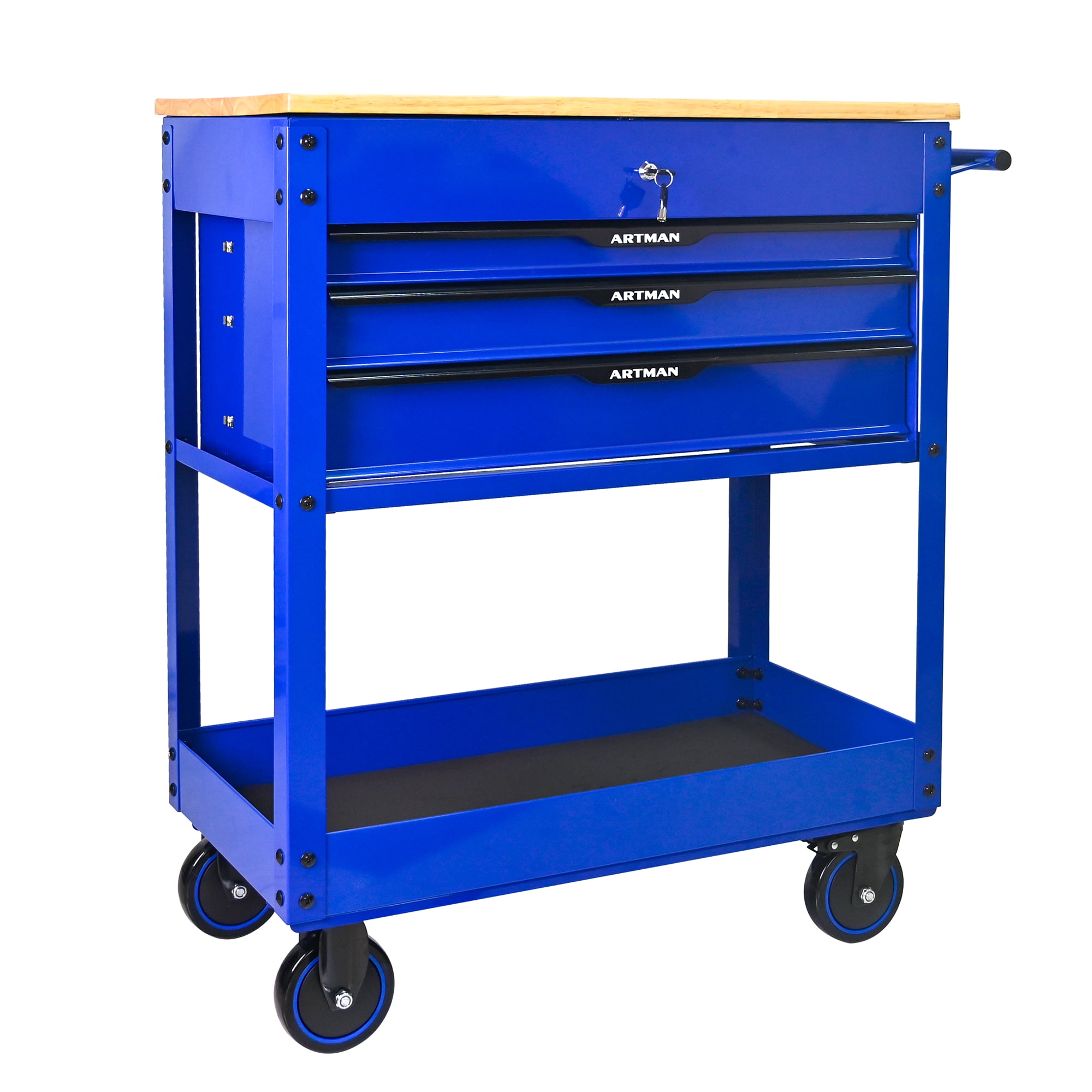 ARTMAN 3 Drawers Rolling Tool Cart, Utility Tool Box with Wheels Wood Top Mechanic Tool Storage Organizer Cabinet, Tool Chest for Garage, Warehouse, Workshop, Repair Shop