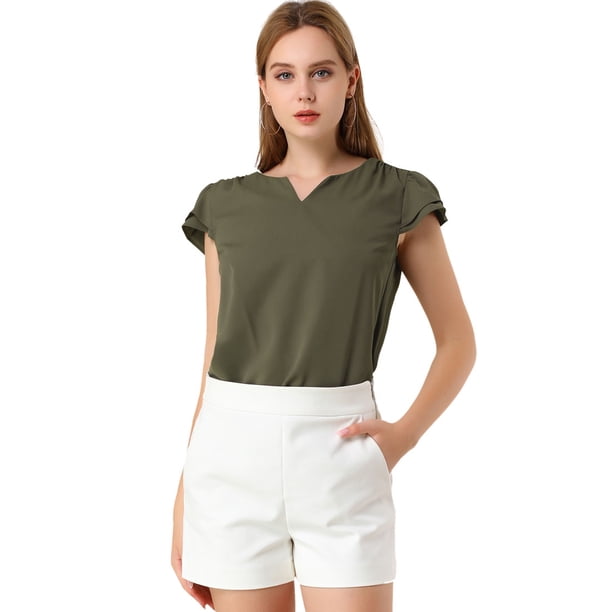 Camiseta Manga Tulipán Allegra K Cuello En V Básico Mujer Verde Oliva S