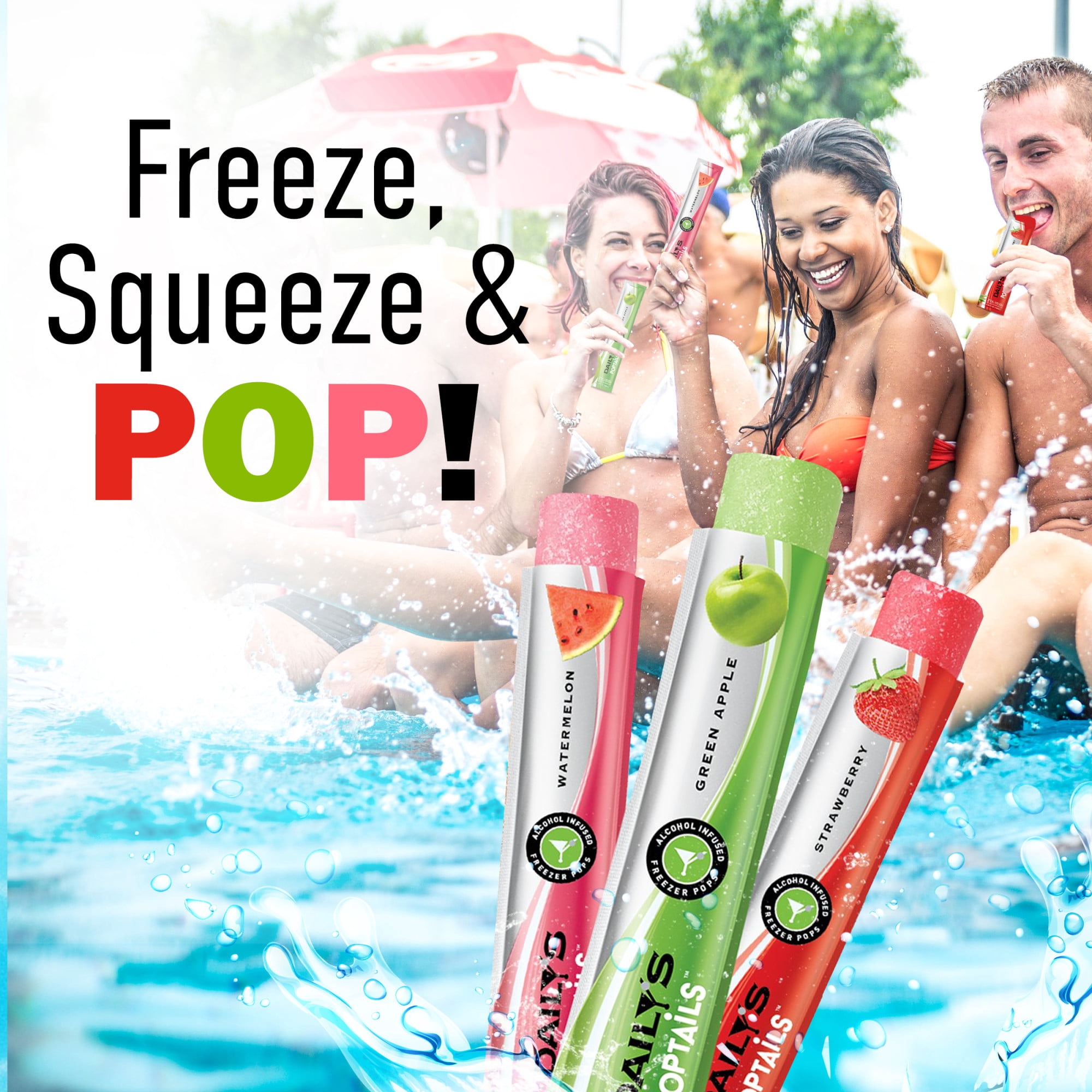 Daily's Poptails Alcohol Infused Freezer Pops Variety Pack, Strawberry, Green Apple and Watermelon, 12 Count