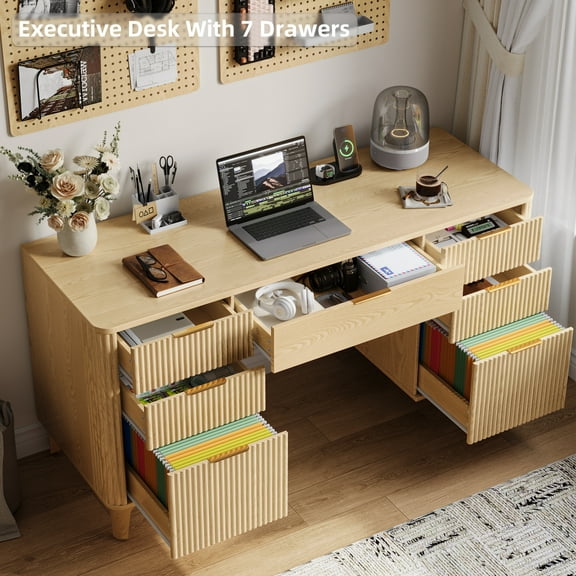 TOKSOM 55.1" Office Desk with 7 Drawers & Built-in Charging Station Nature Wood Color Study Desk with Gold Handles, File Drawers, Metal Slides
