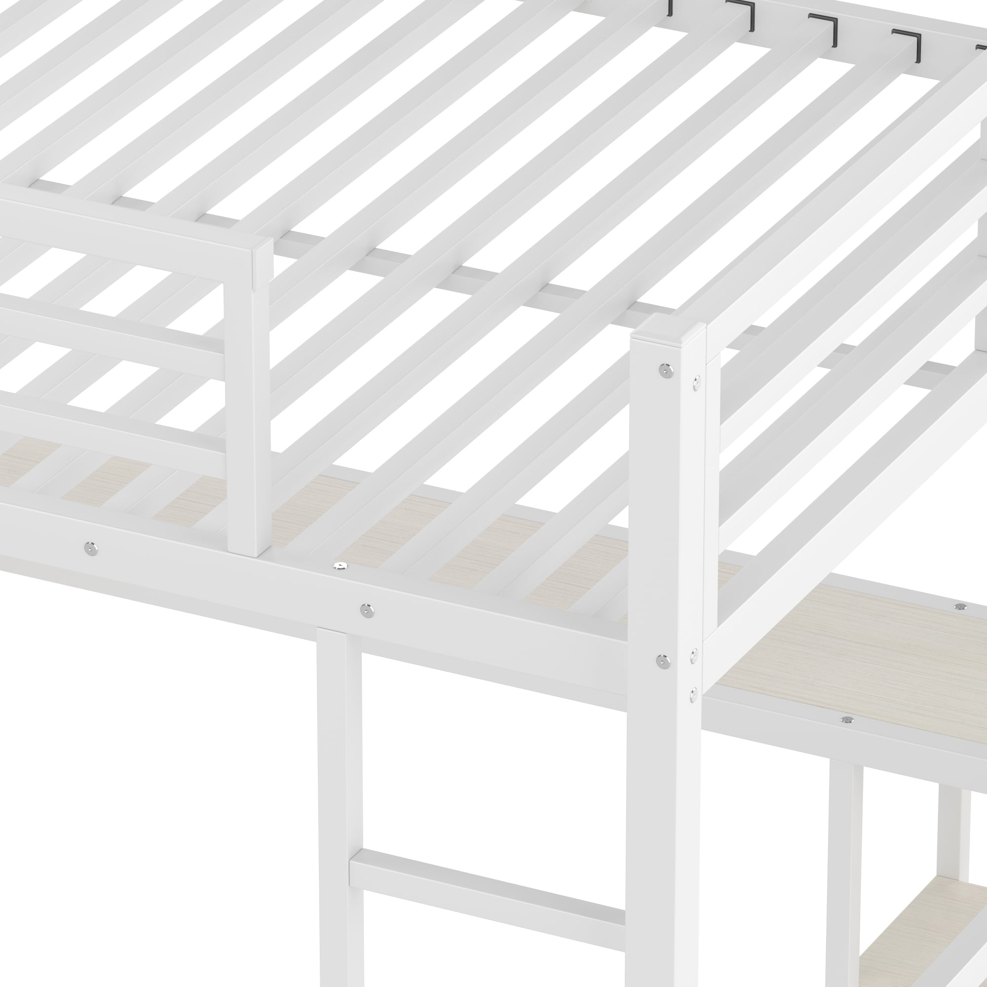 Leumius Full Size Metal Loft Bed with Built-in Wardrobe,Heavy Duty Loft Bed Frame with Desk and Storage Shelves,Space-Saving,White