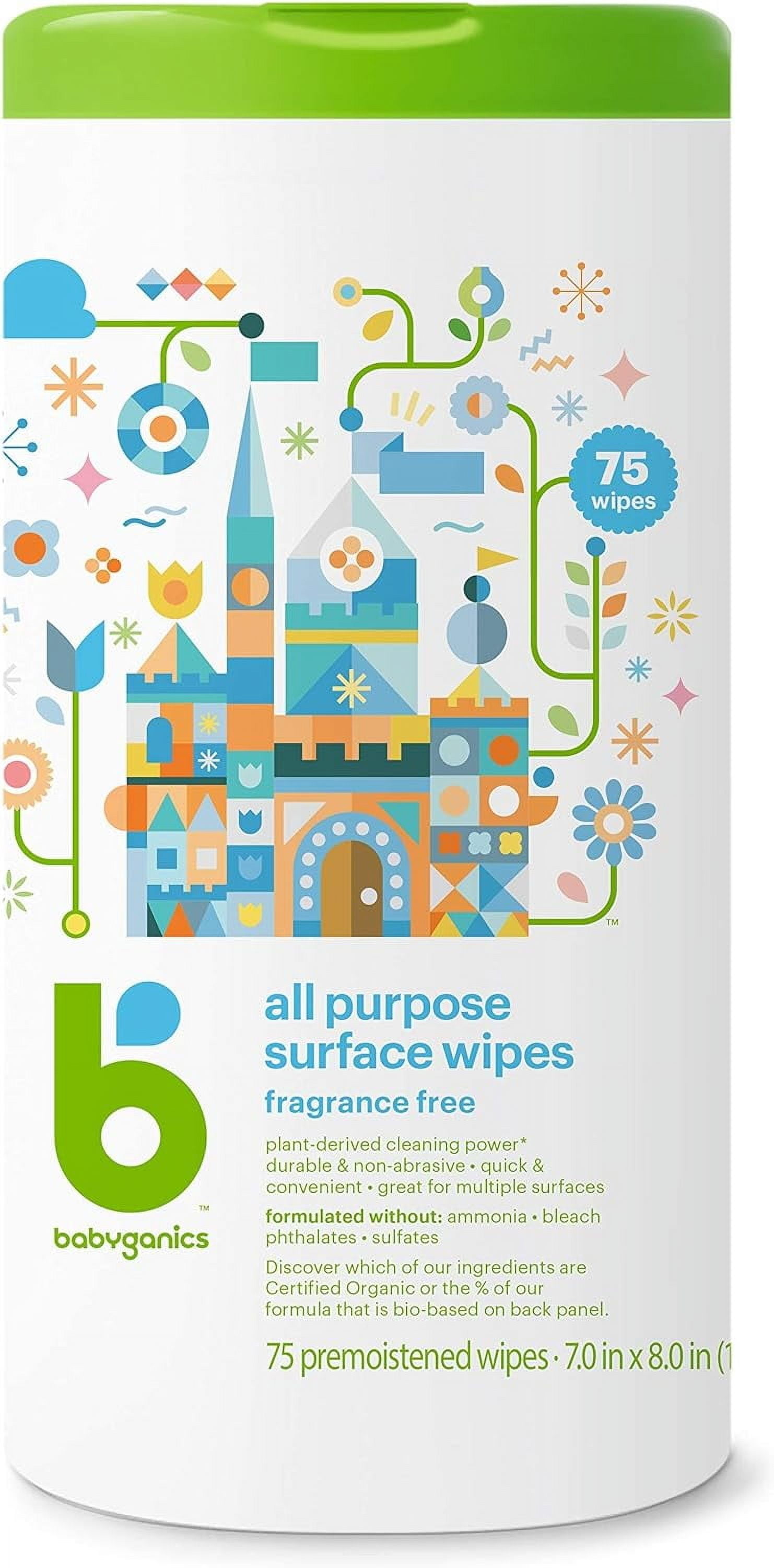 Babyganics All Purpose Surface Wipes, Fragrance Free, 75 Count Plant Based and Non-Abrasive, No Ammonia, No Bleach (Pack of 6)