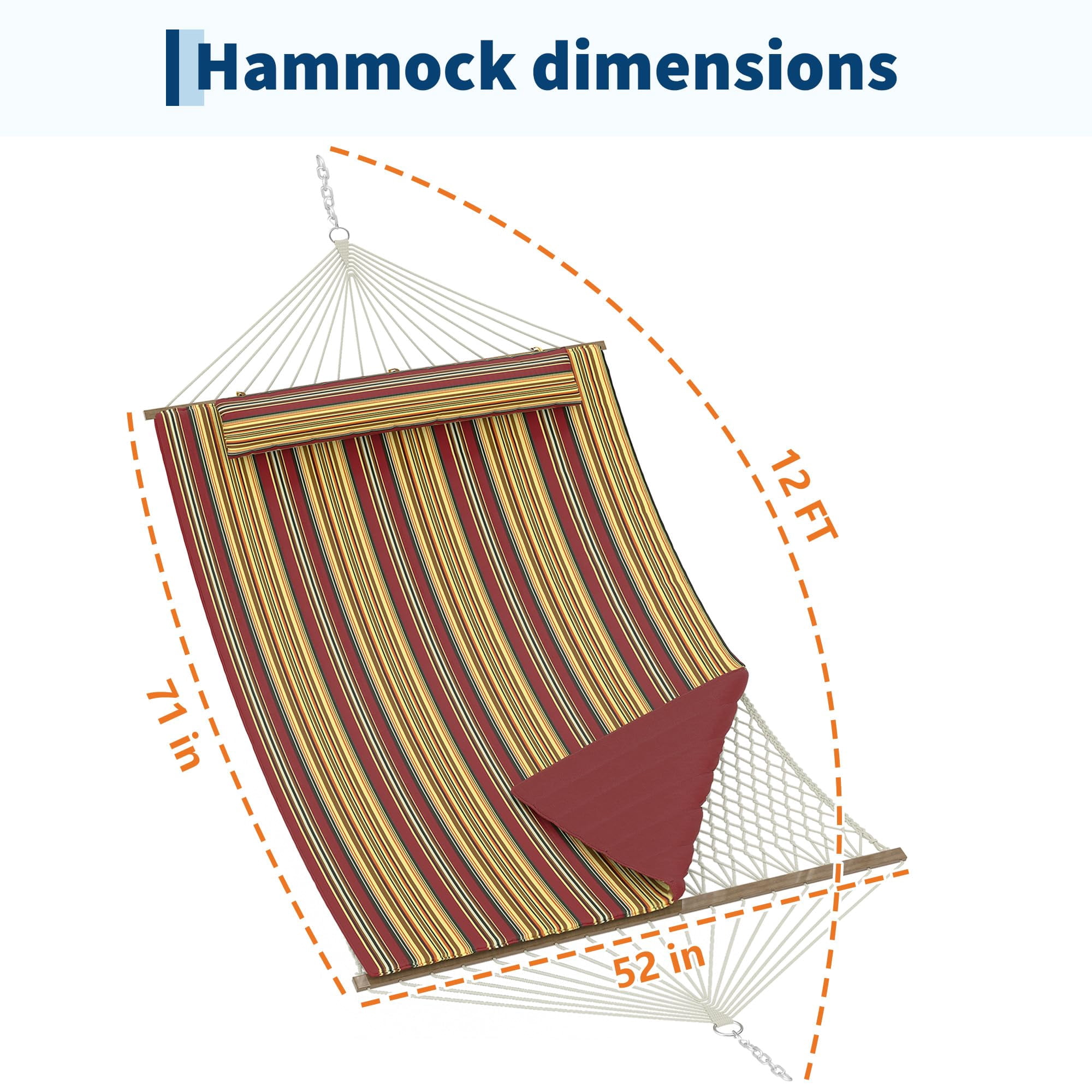 12FT Hammocks 2 Person, Double Quilted Fabric Outdoor Hammock with Spreader Bar, Large Removable Pillow, Storage Pockets, Carabiners, 450 Lbs Capacity, for Hiking, Beach, Red Yellow Striped