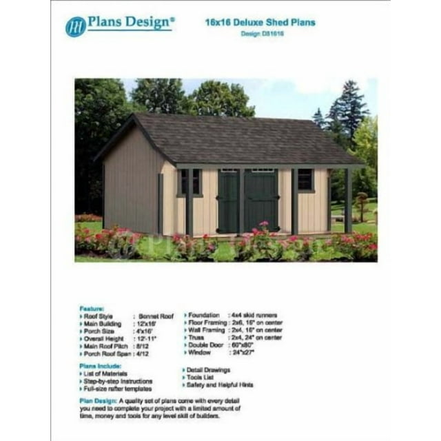 16' x 16' Guest House/Garden Storage Shed with Porch Plans - Design #P81616