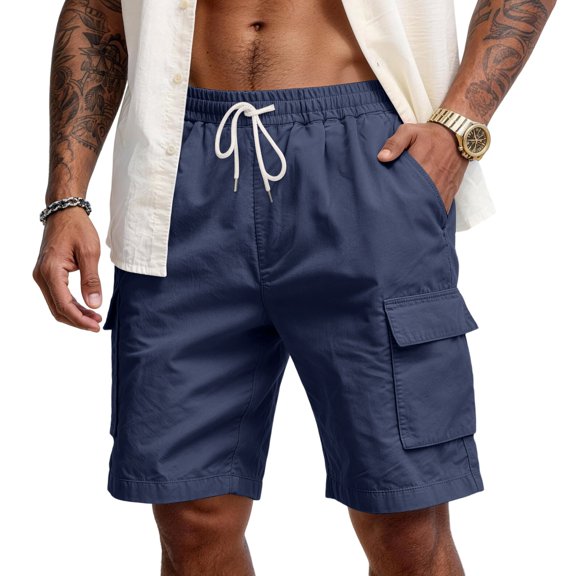 Fabrcox Linen Short Men Elastic Waist Men Cargo Shorts Big and Tall Breathable Travel Beach Summer Bermuda Shorts Men with Pockets Blue XXL