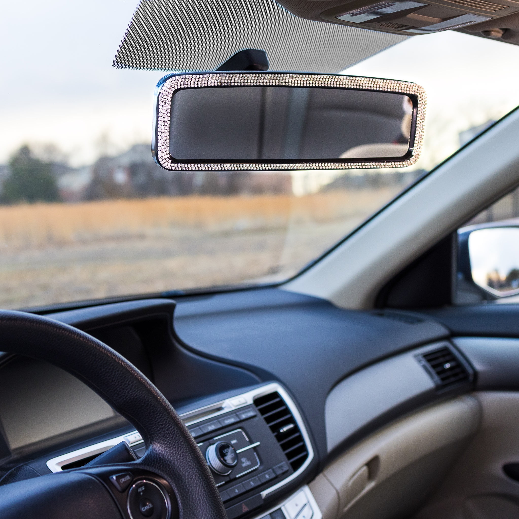 Bling Clip-on Chrome Rhinestone Car Rear View Mirror Cover - Bell