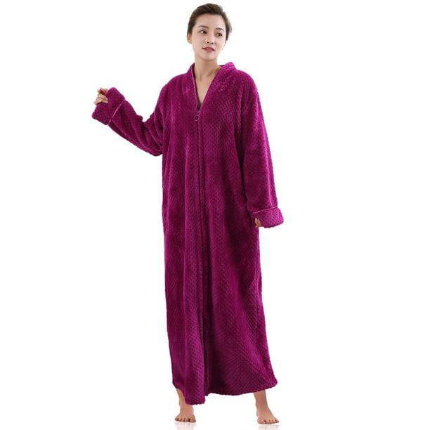 Pijamas de felpa de forro polar con albornoz frontal con cremallera larga, suave y cálido para mujer ▏Puede ser usado por mujeres embarazadas