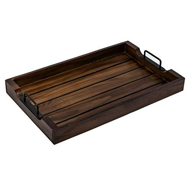 Wooden Serving Tray 20 Inch With Strong Black Metal Handles Decorative And Antique Large Wood Trays For Breakfast Coffee Dinner Ottoman Table Food Tea Com Wooden Serving Tray 20 Inch With Strong, Black Wooden Coffee Table Tray