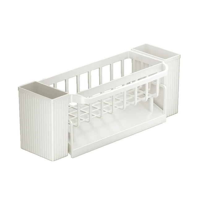 Auto-Draining Sponge Holder with Towel Bar - 12.2in Plastic Kitchen Sink Organizer Caddy, Non-Slip Base (Beige)