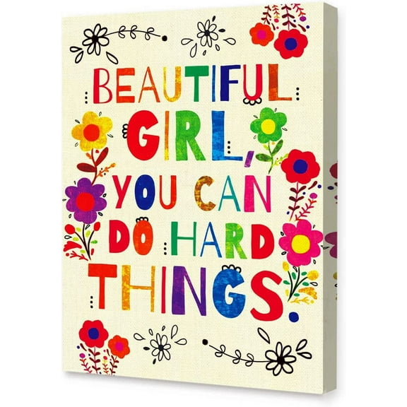 Aaheei Beautiful Girl You Can Do Hard Things Inspirational Canvas Wall, Colorful Flowers Girls Affirmation Motivational Canvas Print for Teens Girls Home Bedroom Dorm Wall Decor