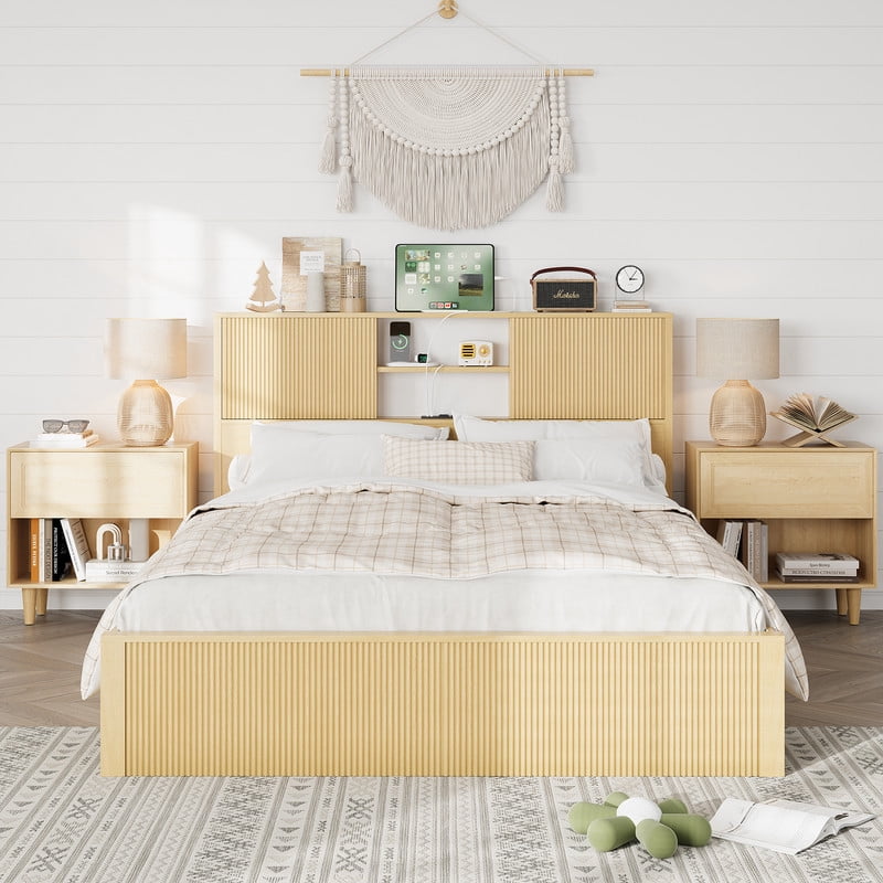 Lumiinofami Queen Size Bed Frame with Storage Drawers, Platform Bed with Charging Station and Storage Headboard, No Box Spring Needed, Noise-Free, Oak