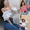 thumbnail image 2 of Summer Sexy Blouse Women\'s Off Shoulder Ruffled Short Sleeve Tube Crop TopXL, 2 of 5