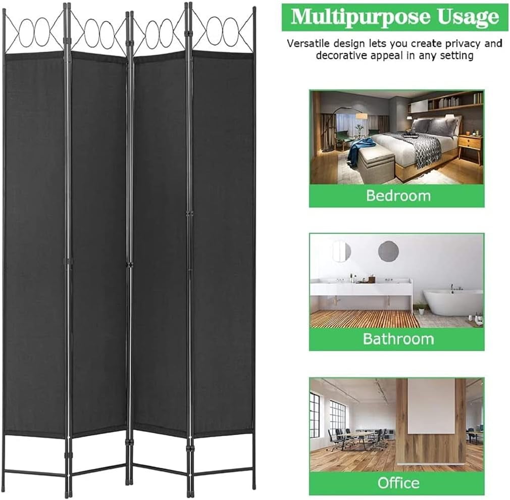 Dkelincs 4 Panel Room Divider 6.8FT Folding Privacy Screen Portable Steel Frame Partition Wall Divider, Black