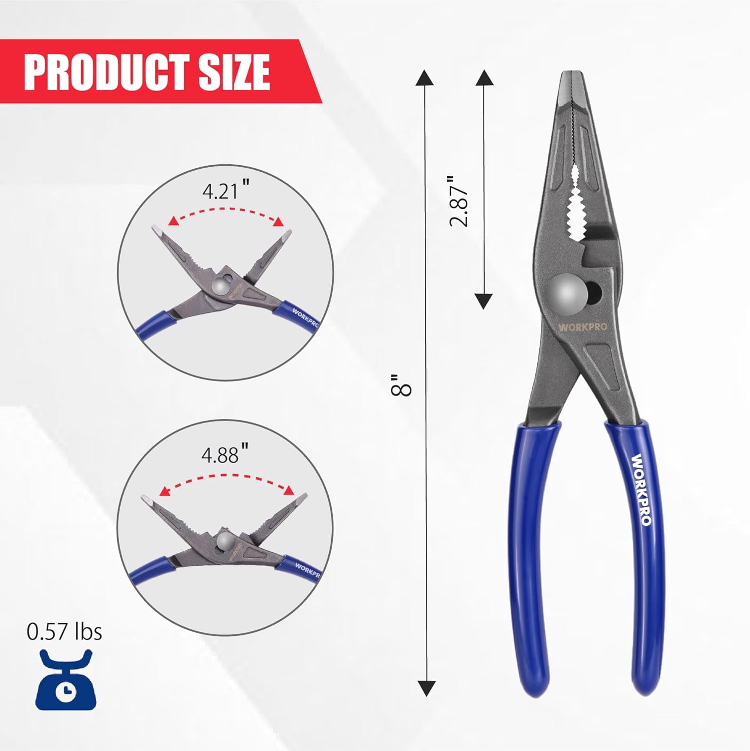 8'' Long Nose Slip Joint , CR-V Needle Nose with Comfortable Grip Handles, 3-Zone Serrated Jaw from Premium Steel for Clamping, Tightening and Loosening