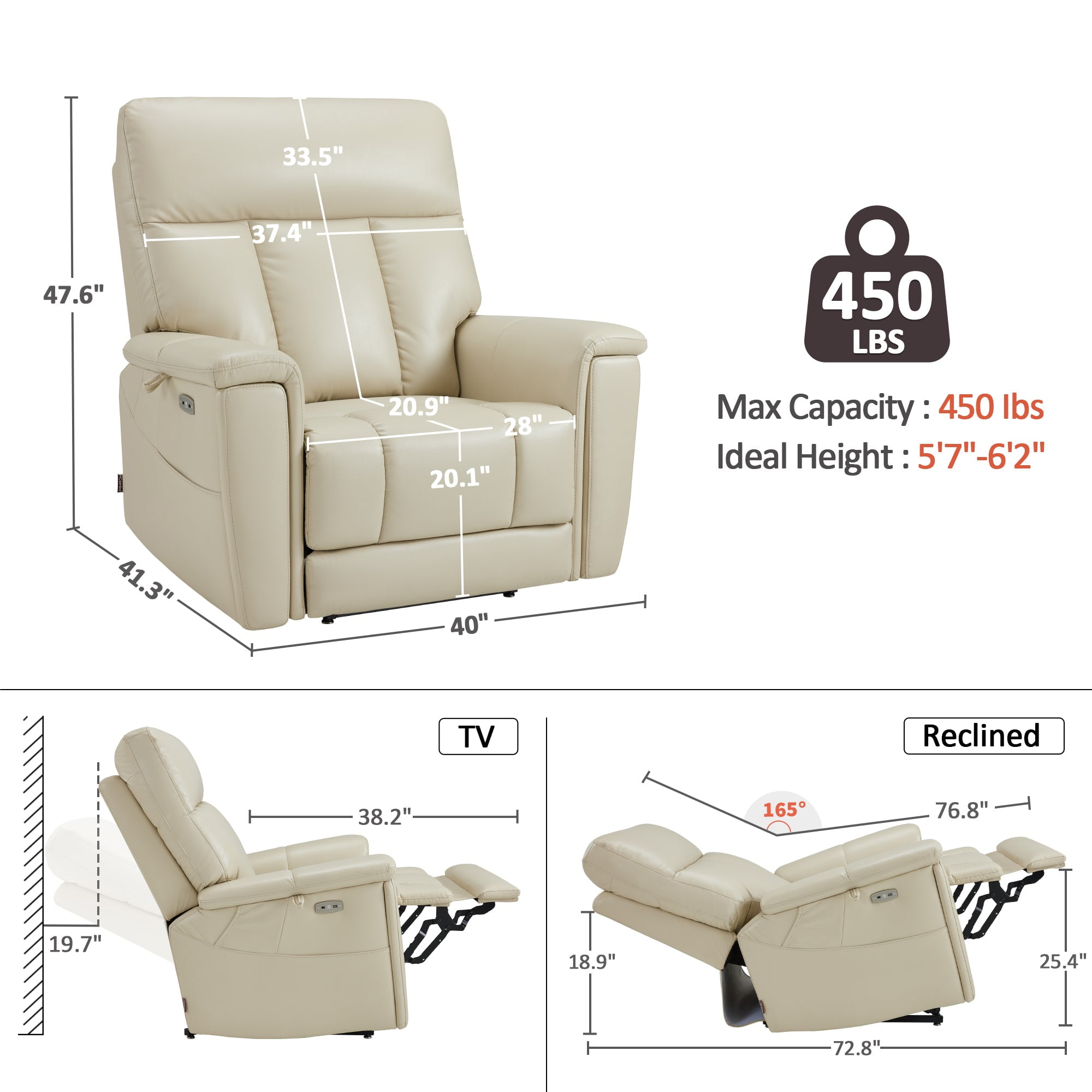 MCombo 450LB Oversized Dual Motor Power Lift Recliner Chair for Big Tall Elderly, Hidden Cup Holders, Faux Leather, Cream White