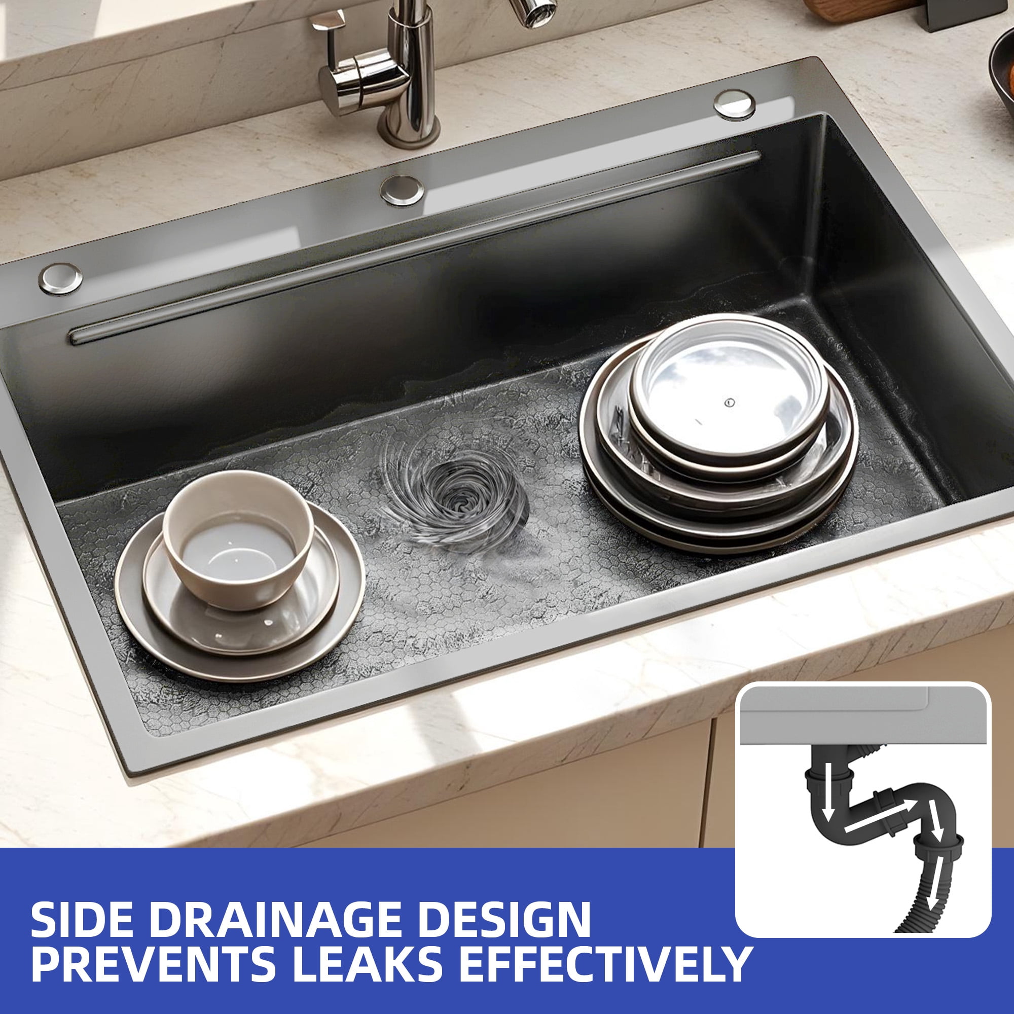 ModFusion 33″ Single Bowl Gunmetal Workstation Kitchen Sink, Drop-In Nano Stainless Steel, Drain Kit, 2.7'x1.8' ft Ledge Accessories, Wood Cutting Board, Gray