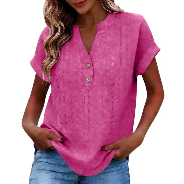 Camisetas de Cuello en V de Manga Larga para las Mujeres Blusa Casual de Color Sólido, Botón Delantero Suelto de Ajuste Superior de Verano