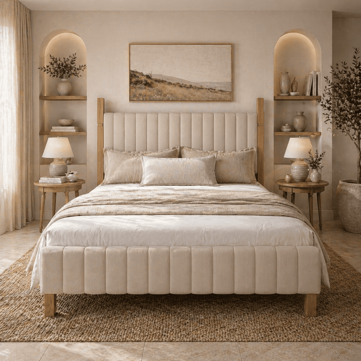 XIAO WEI California King Bed Frame with Upholstered Headboard, Solid Wood, Beige