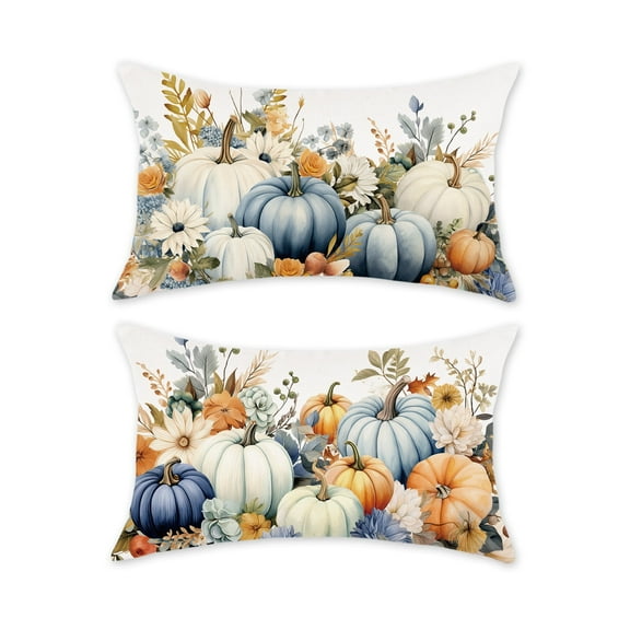 Fall Throw Pillow Covers Farmhouse Blue Pumpkins Pillowcases Harvest Autumn Thanksgiving Decorative Cushion Cases for Sofa Couch Porch Home Décor 12x20 Inches Set of 2