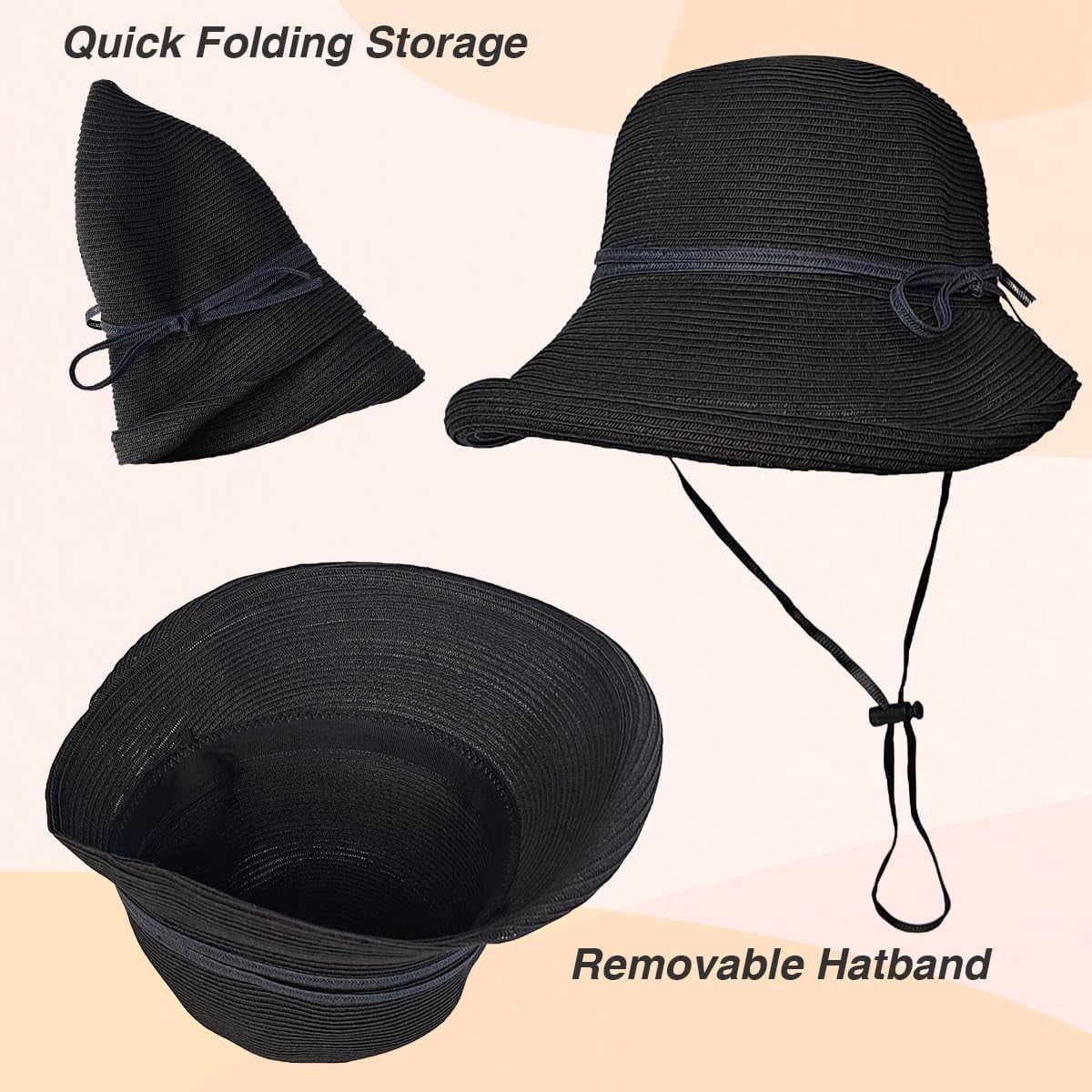Kukuzhu Straw Bonnet Hat for Women, Wide Brim Foldable Packable Sun Bucket Hat UPF50+ Summer Beach Cap for Travel Outdoor