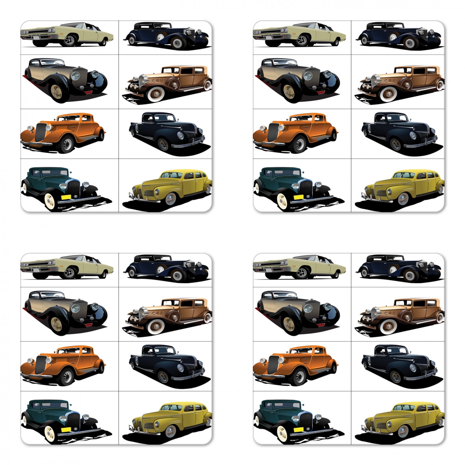 Cars Coaster Set of 4, Rare Fifties Vintage Vehicle Closed Roof Tops