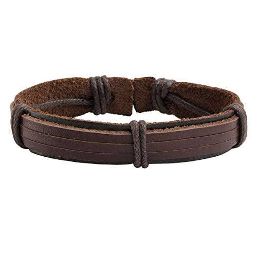 Eigso Wooden Bead PU Leather Cuff Bracelet Bangle for Men Women Woven Handmade Snap Adjustable Wrap
