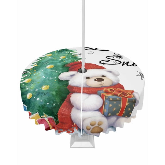 Fsddascl Christmas Outdoor Tablecloth - 54 Inch Round Dining Table Cover, Xmas Tree Bear Snowflake Watercolor Waterproof Outdoor Table Cloth with Umbrella Hole & Zipper for Picnic/Patio/Party