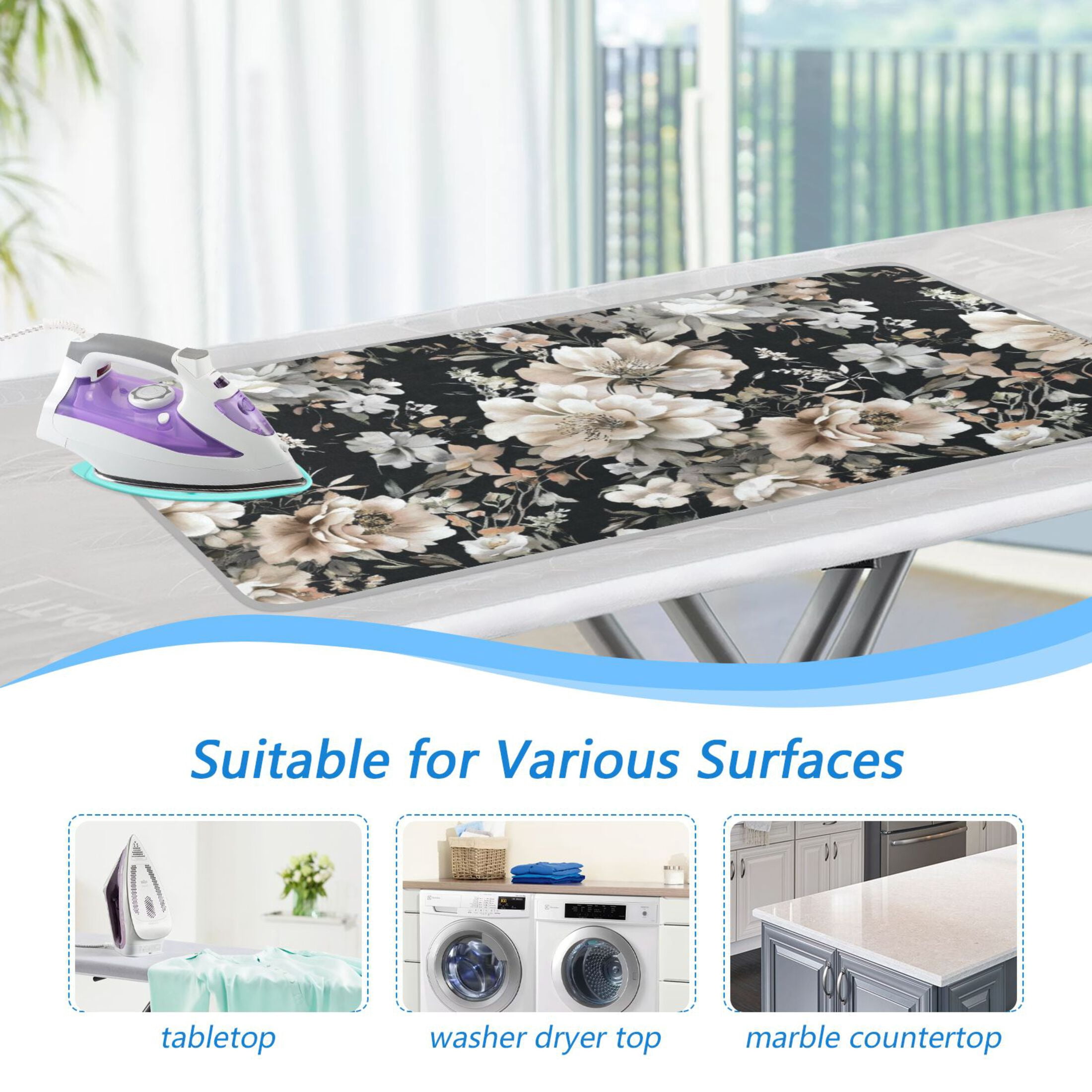 Elegant Floral on Black Ironing Mat Blanket for Table Top Travel Portable Ironing Board Pad 47.2x27.6 Inch