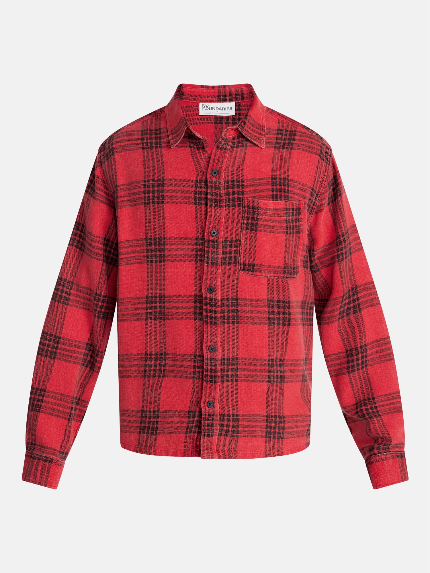 No Boundaries Boxy Fit Grunge Flannel Shirt with Long Sleeves, Men's XS-4XLT