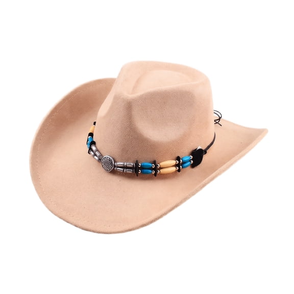Wide Brim Western Cowboy Hat for Adults Structured Pinch Front Crown Felt Style Hat with Beaded Hat Band for Costume